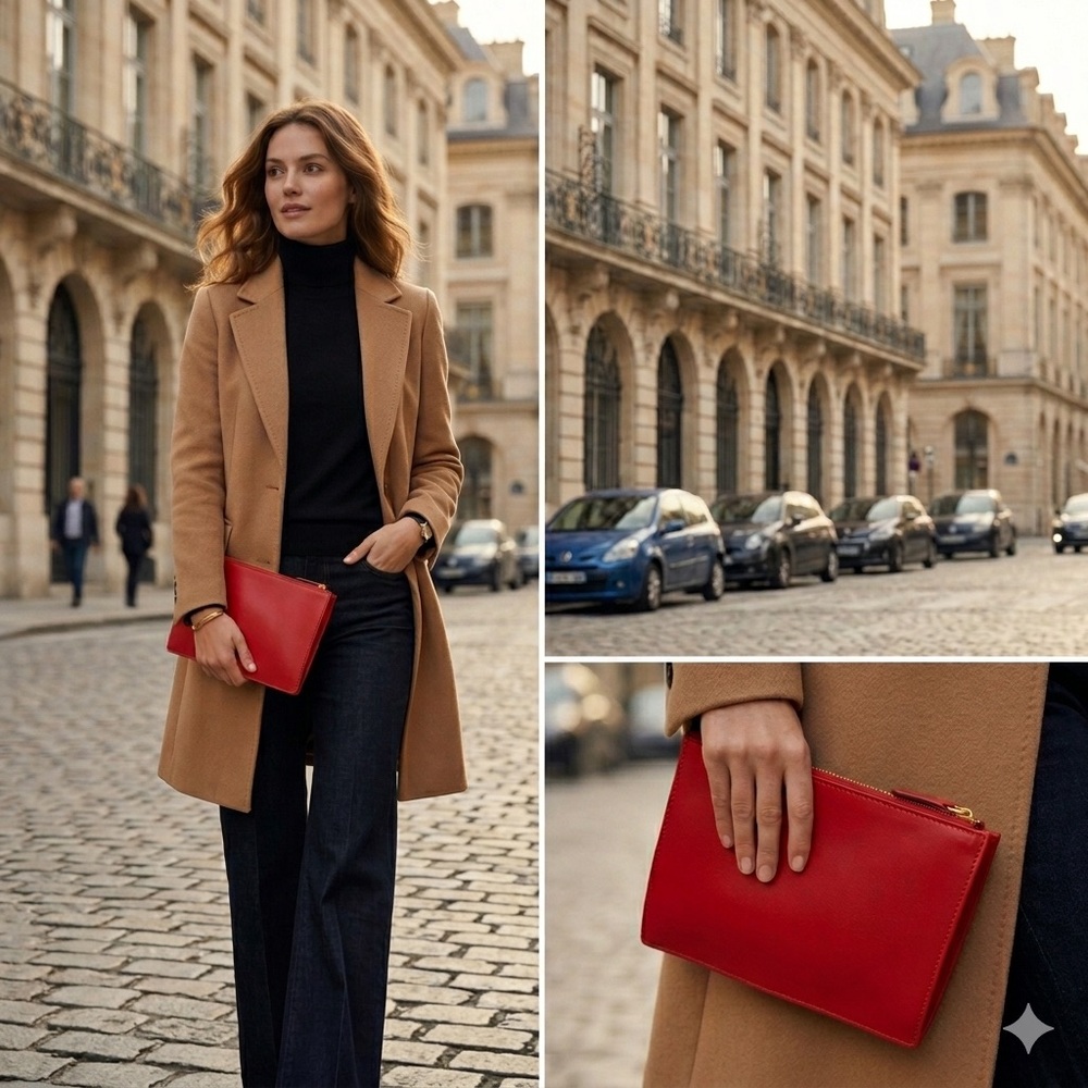 Ann Taylor Top Zipped Fully Lined Red 🔴 Pouch Clutch Gold Toned Hardware